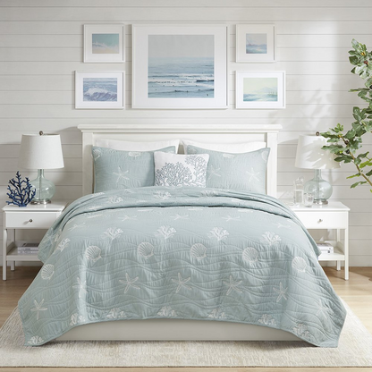 Start2Finish 4-piece cotton reversible embroidered quilt bedding set with matching throw pillow, showing detailed floral embroidery and soft fabric.