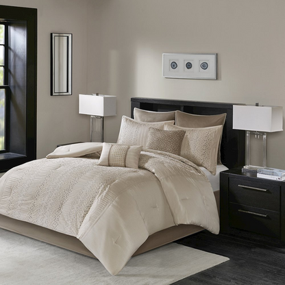 Start2Finish 8-piece embroidered bedding comforter set with matching pillow shams and decorative accents on soft fabric.