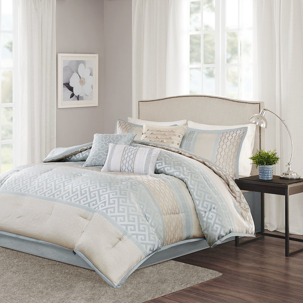 Start2Finish 7-piece comforter set with matching pillow shams, featuring a soft, cozy fabric and stylish design for bedroom decor.