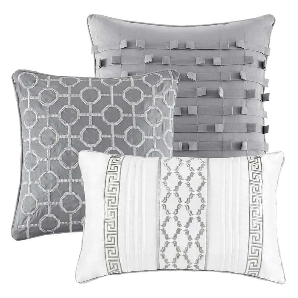 Start2Finish Bennett 7-piece grey bedding comforter set with matching pillows and sheets on a neatly made bed.