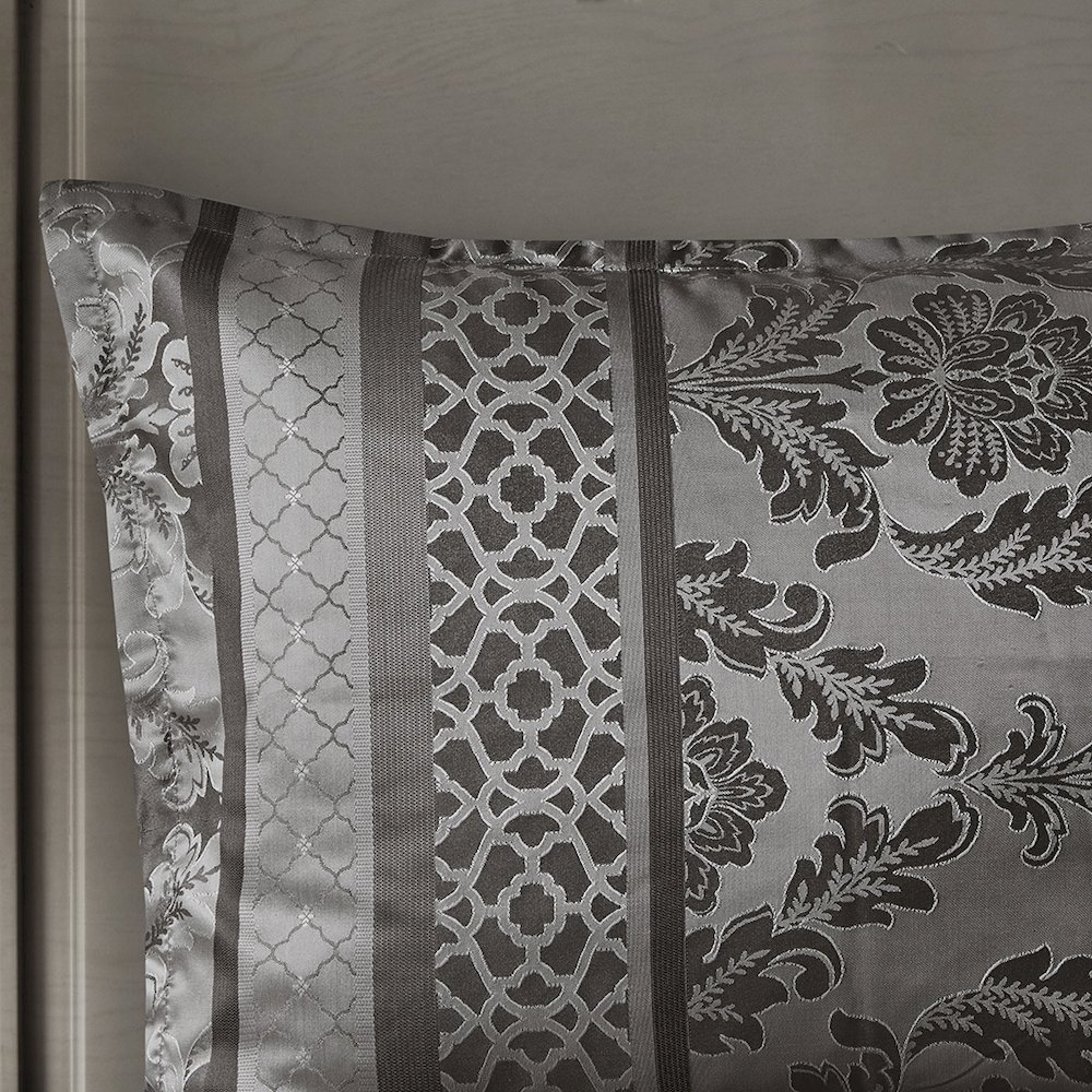 Start2Finish 7-piece Jacquard comforter set featuring intricate woven patterns and matching pillow shams on a neatly made bed.