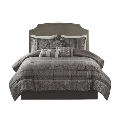 Start2Finish 7-piece jacquard comforter set with intricate woven pattern, includes comforter, pillow shams, and decorative pillows.