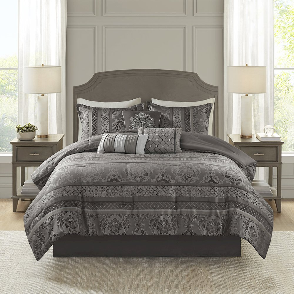 Start2Finish 7-piece Jacquard comforter set with intricate woven pattern and matching pillow shams on a neatly made bed.