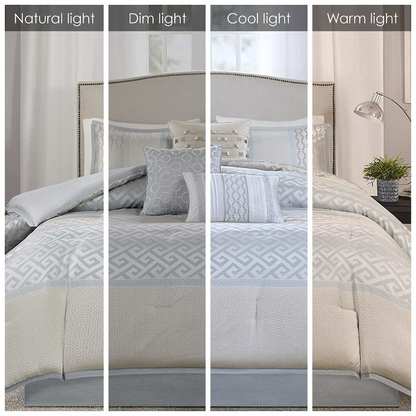 Start2Finish 7-piece comforter set with matching pillow shams and decorative pillows on a neatly made bed.