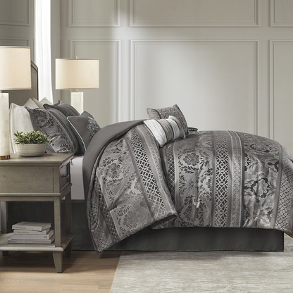 Start2Finish 7-piece Jacquard comforter set featuring intricate woven patterns and coordinated bedding for a luxurious bedroom look.