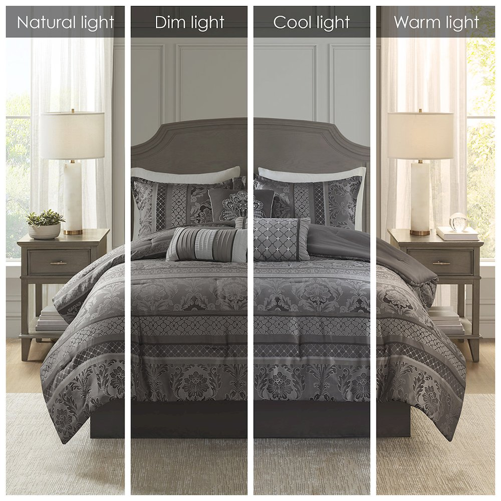 Start2Finish 7-piece Jacquard comforter set with intricate woven pattern, including matching pillow shams and bed skirt.