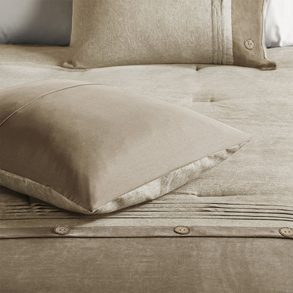 Start2Finish 7-piece faux suede comforter set with matching pillow shams and decorative pillows, soft and cozy bedding ensemble.
