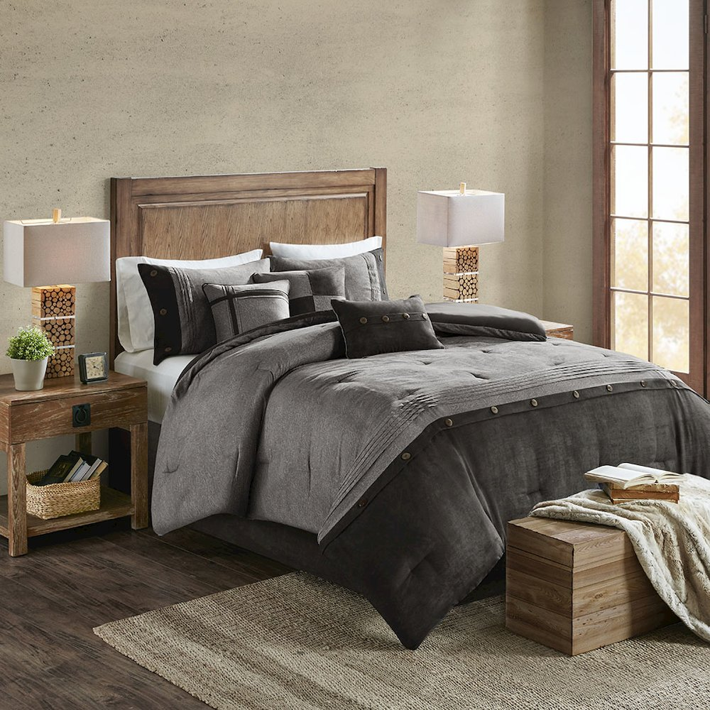 Start2Finish 7-piece faux suede comforter bedding set with matching pillow shams and decorative throws on a neatly made bed.