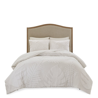 Three-piece tufted cotton chenille palm bedding comforter set with matching pillow shams, in soft, textured fabric.