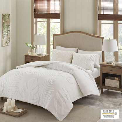Start2Finish 3-piece tufted cotton chenille palm comforter bedding set with textured, plush fabric, and matching pillow shams.