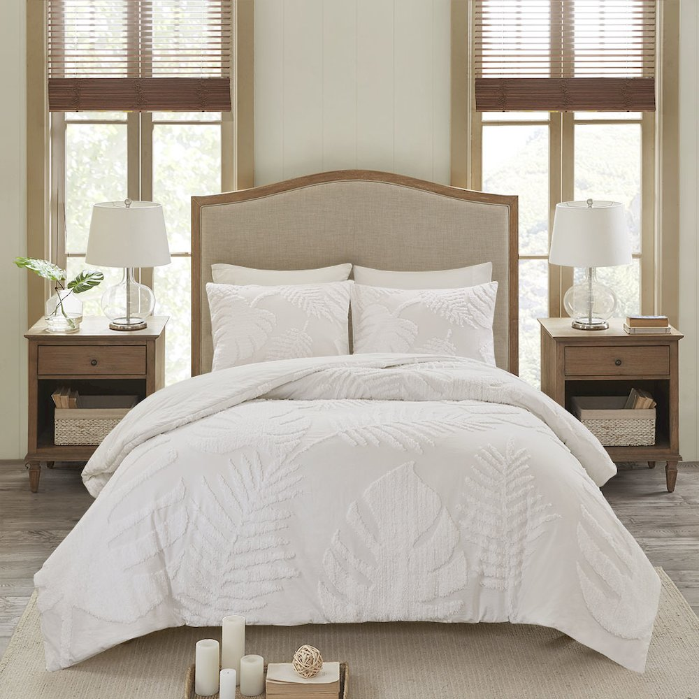 Start2Finish 3-piece tufted cotton chenille palm comforter bedding set with matching pillow shams on a bed.