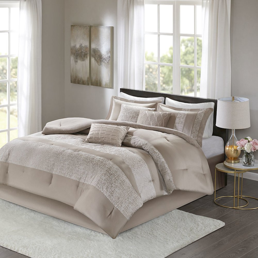 Start2Finish 7-piece chenille jacquard bedding comforter set with intricate woven pattern in soft, plush fabric for a cozy bedroom look.