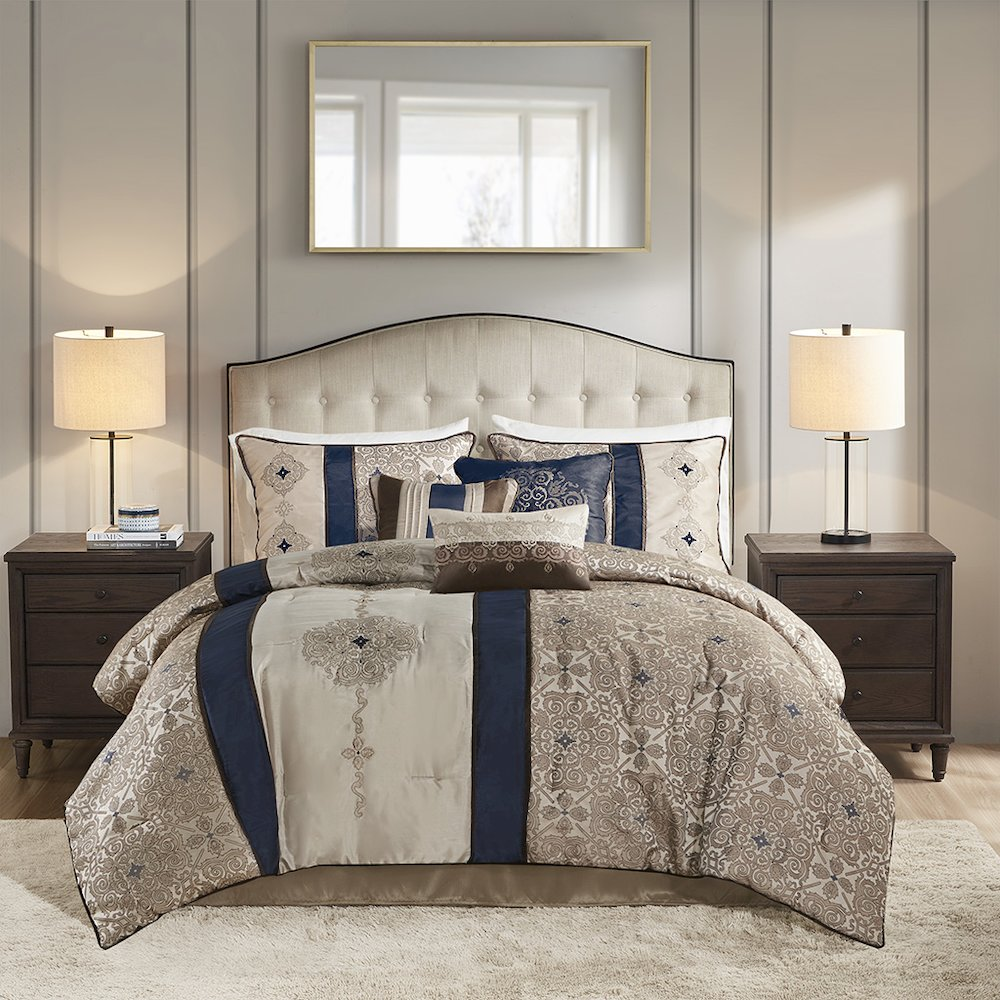 Start2Finish 7-piece Jacquard comforter set with matching throw pillows, featuring intricate woven patterns and coordinated bedding.