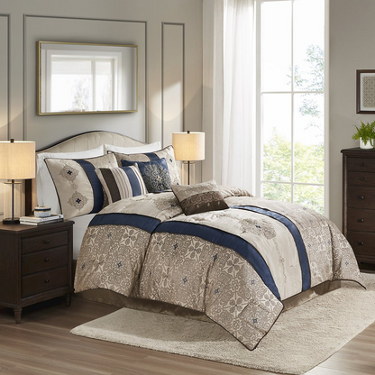Start2Finish 7-piece jacquard comforter set with matching throw pillows, featuring intricate woven patterns in elegant colors.