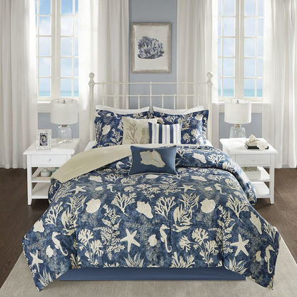 Start2Finish 7-piece cotton sateen comforter bedding set with matching pillow shams and decorative accents.