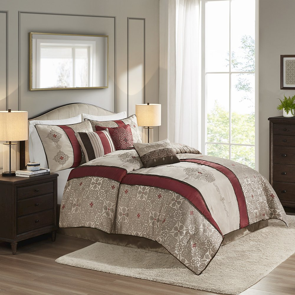 Start2Finish 7-piece Jacquard comforter set with matching throw pillows on a bed, showcasing intricate woven patterns in neutral tones.