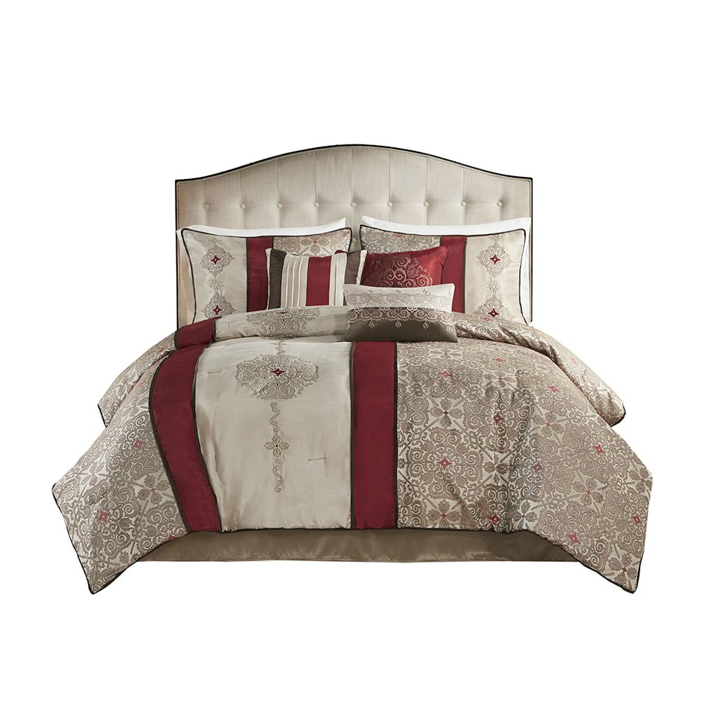 Start2Finish 7-piece jacquard comforter set with matching throw pillows, featuring intricate woven pattern in cozy bedding display.