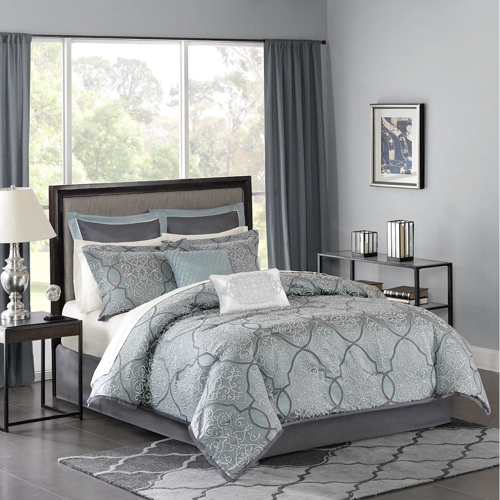 Start2Finish 12-piece comforter set with cotton bed sheets, featuring cozy bedding and matching pillowcases in a stylish design.