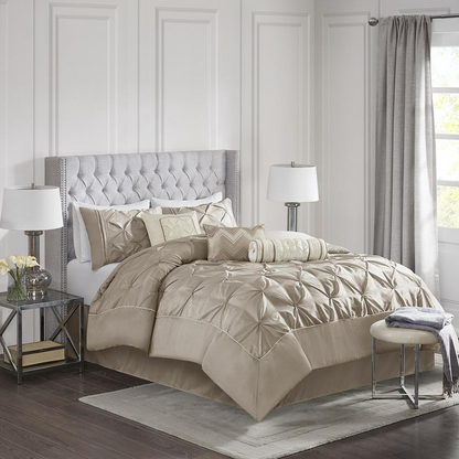 Start2Finish Laurel 7-piece tufted comforter set in taupe showing a close-up of the textured, plush bedding with matching pillow shams.