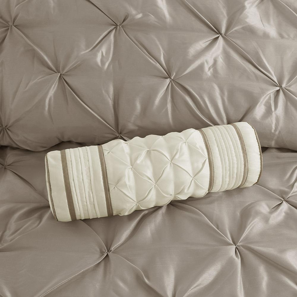 Start2Finish Laurel 7-piece tufted comforter set in taupe with matching pillow shams and decorative accents.