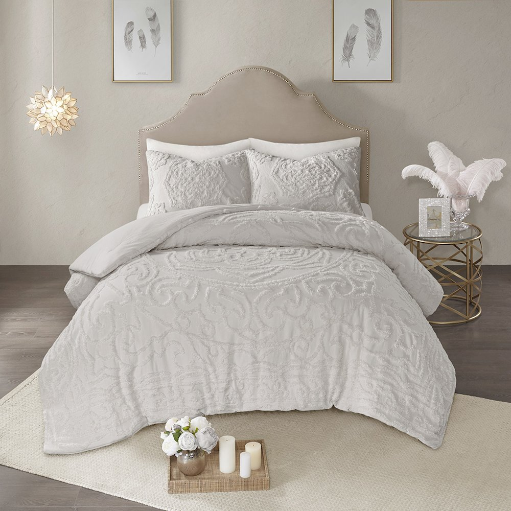 Start2Finish 3-piece tufted cotton chenille medallion comforter set with intricate medallion pattern and soft, plush texture.
