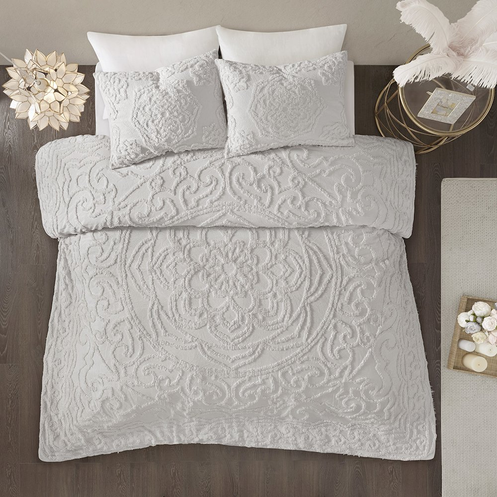 Start2Finish 3-piece tufted cotton chenille medallion comforter set with intricate pattern and plush texture on a bed.