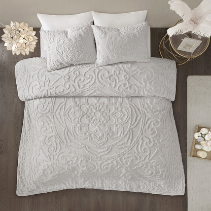Start2Finish 3-piece tufted cotton chenille medallion comforter set with intricate pattern and plush texture on a bed.