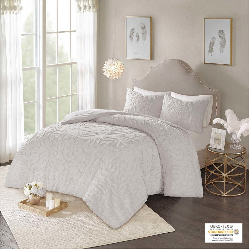 Start2Finish 3-piece tufted cotton chenille medallion comforter set with intricate medallion patterns and plush textures.