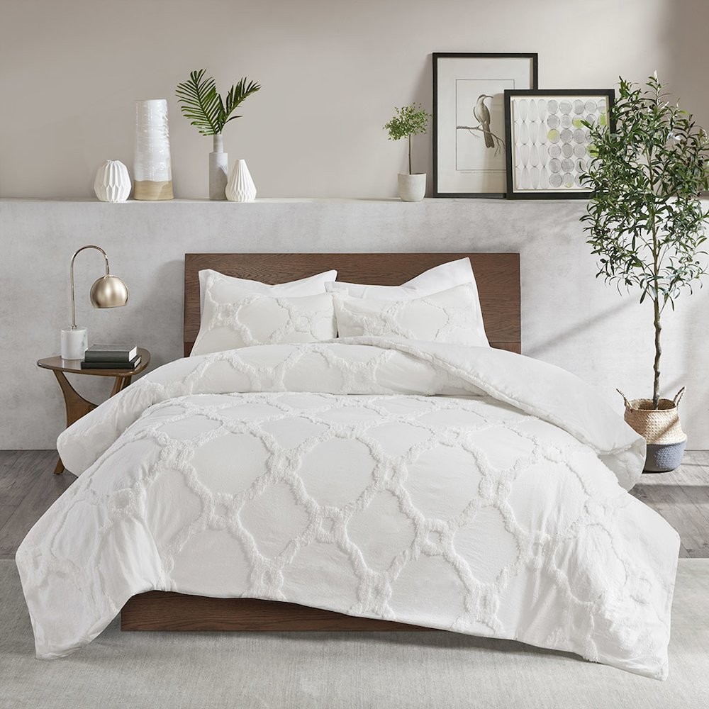 Start2Finish 3-piece tufted cotton chenille geometric bedding comforter set with matching pillow shams, in neutral tones.