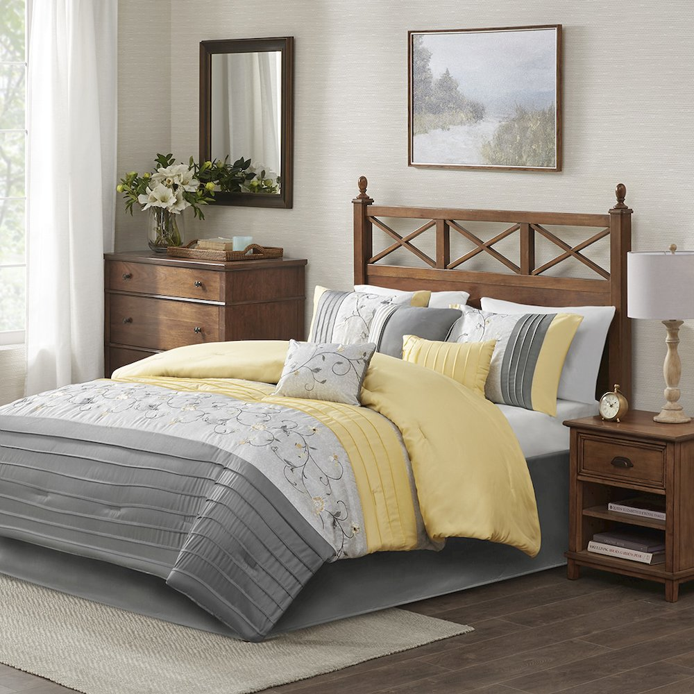 Start2Finish embroidered 7-piece comforter set with detailed floral embroidery on soft bedding fabric.