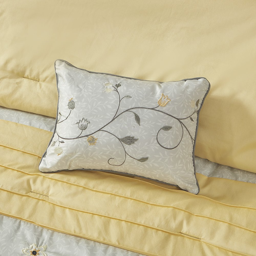 Start2Finish embroidered 7-piece comforter set featuring intricate floral embroidery and matching pillow shams on a cozy bed.