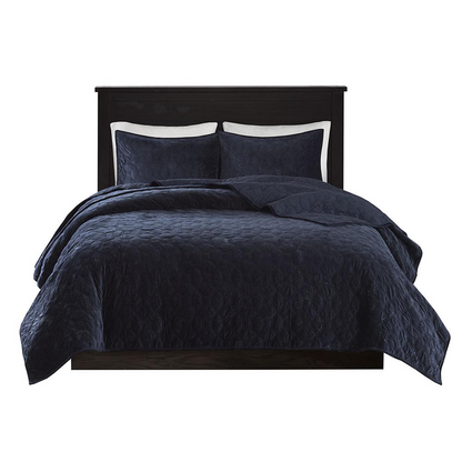 Harper 3-piece navy velvet quilt set by Start2Finish featuring plush fabric and elegant stitching on a bed.