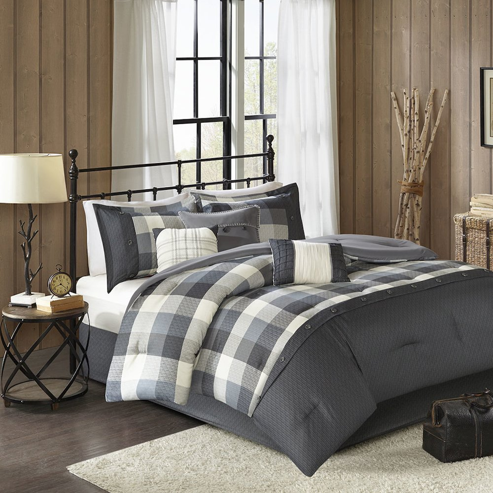 Start2Finish 7-piece herringbone comforter bedding set with matching pillow shams and decorative pillows in neutral tones.