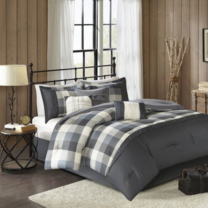 Start2Finish 7-piece herringbone comforter bedding set with matching pillow shams and decorative pillows in neutral tones.