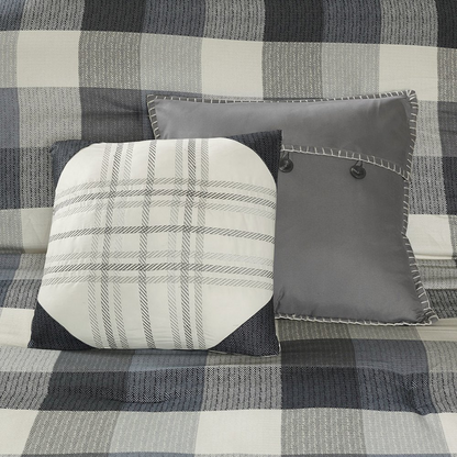 Start2Finish 7-piece herringbone comforter bedding set with matching pillow shams and decorative throw pillows on a bed.