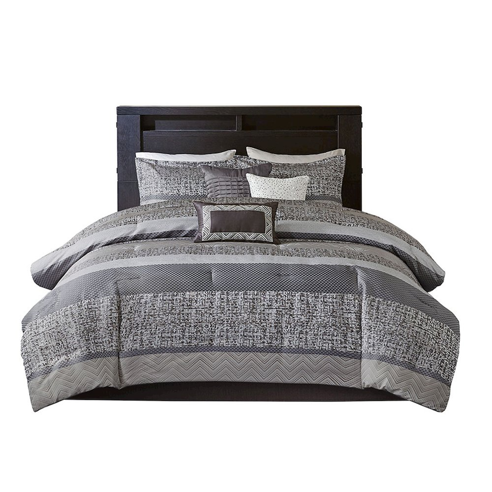 Start2Finish 7-piece Jacquard comforter set with intricate woven design and matching pillow shams displayed on a bed.