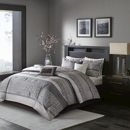 Start2Finish 7-piece Jacquard comforter set with intricate woven patterns and matching pillow shams on a neatly made bed.