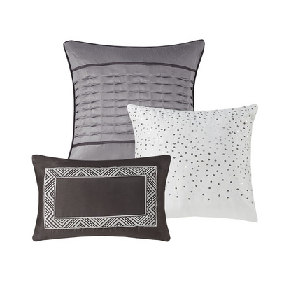 Start2Finish 7-piece Jacquard comforter set with intricate woven pattern and matching pillow shams on a neatly made bed.