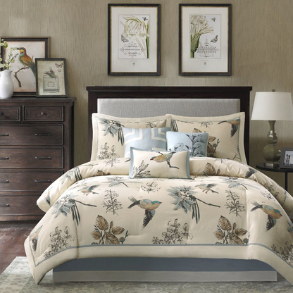 Start2Finish 7-piece comforter bedding set with coordinated pillow shams and decorative pillows in soft, neutral tones.