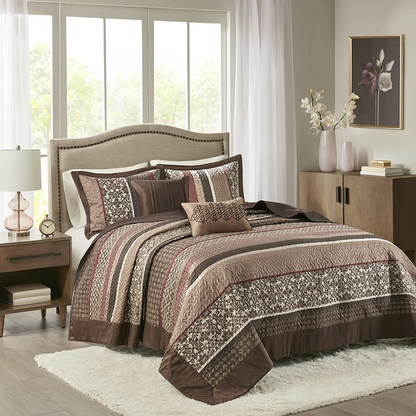 Start2Finish 5-piece reversible jacquard bedspread set with intricate woven patterns in neutral tones, displayed on a neatly made bed.