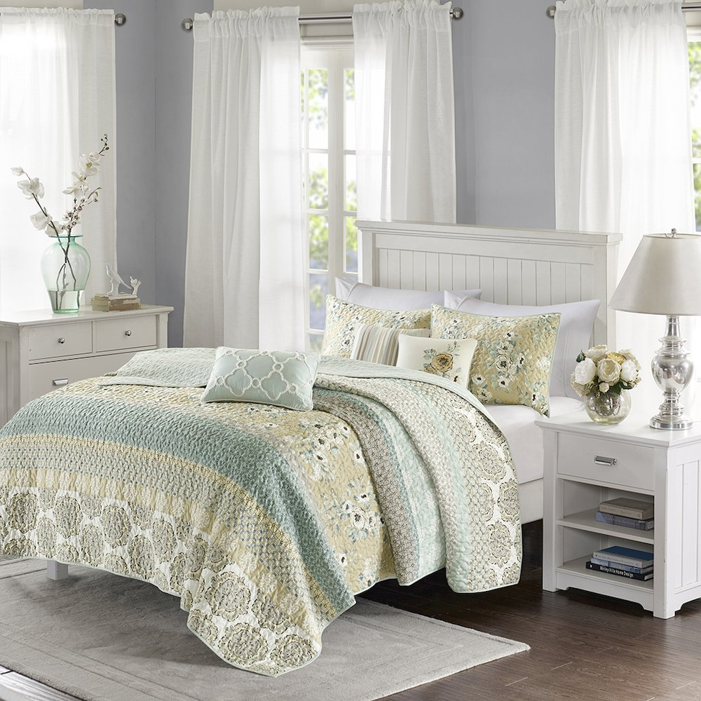 Start2Finish 6-piece cotton quilt set with matching throw pillows in a soft, cozy bedding display.