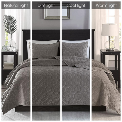 Start2Finish Harper 3-piece velvet quilt set in taupe, showing the soft, luxurious quilt with matching pillow shams.