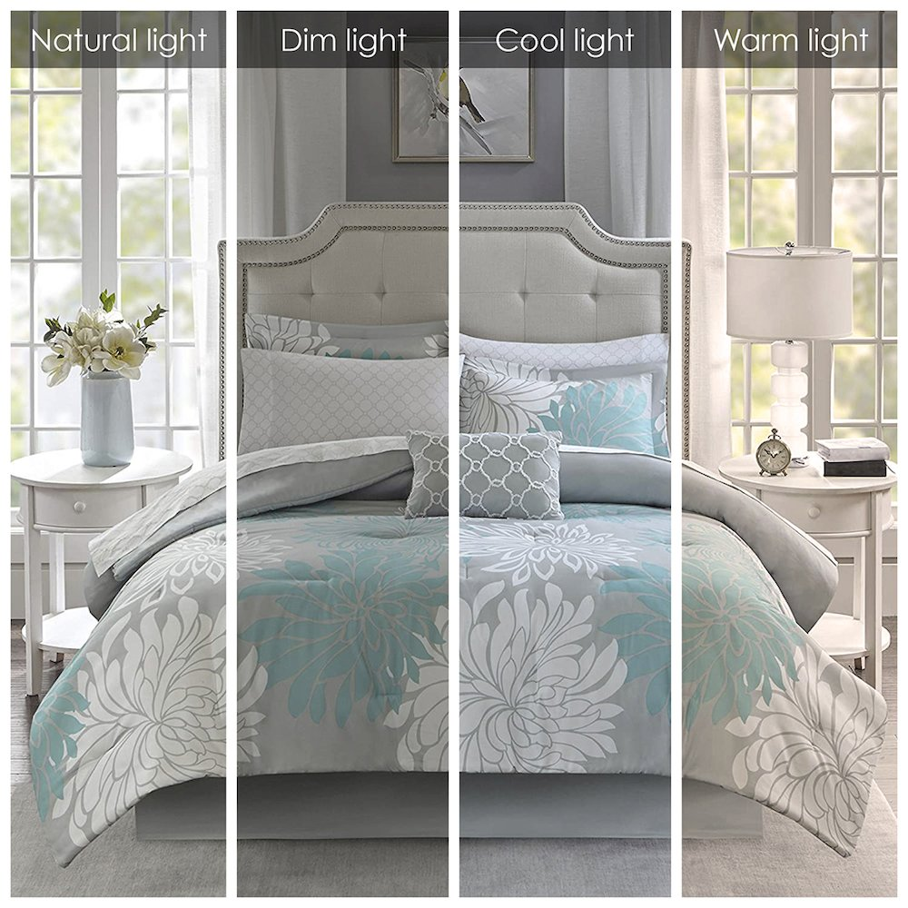 Start2Finish 9-piece comforter bedding set with cotton bed sheets, featuring a cozy, stylish bed arrangement in soft, neutral tones.