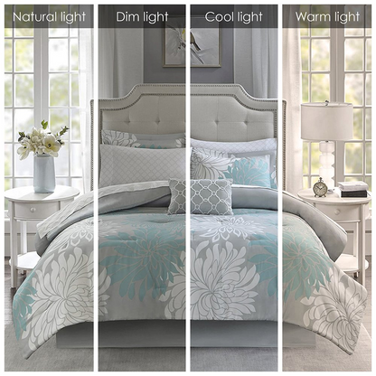Start2Finish 9-piece comforter bedding set with cotton bed sheets, featuring a cozy, stylish bed arrangement in soft, neutral tones.