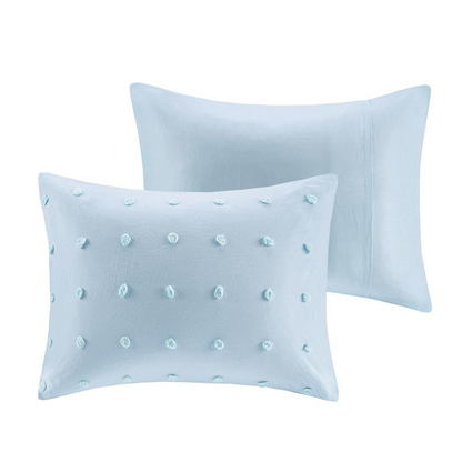 Start2Finish cotton jacquard bedding set with comforter, euro shams, and decorative throw pillows on a neatly made bed.