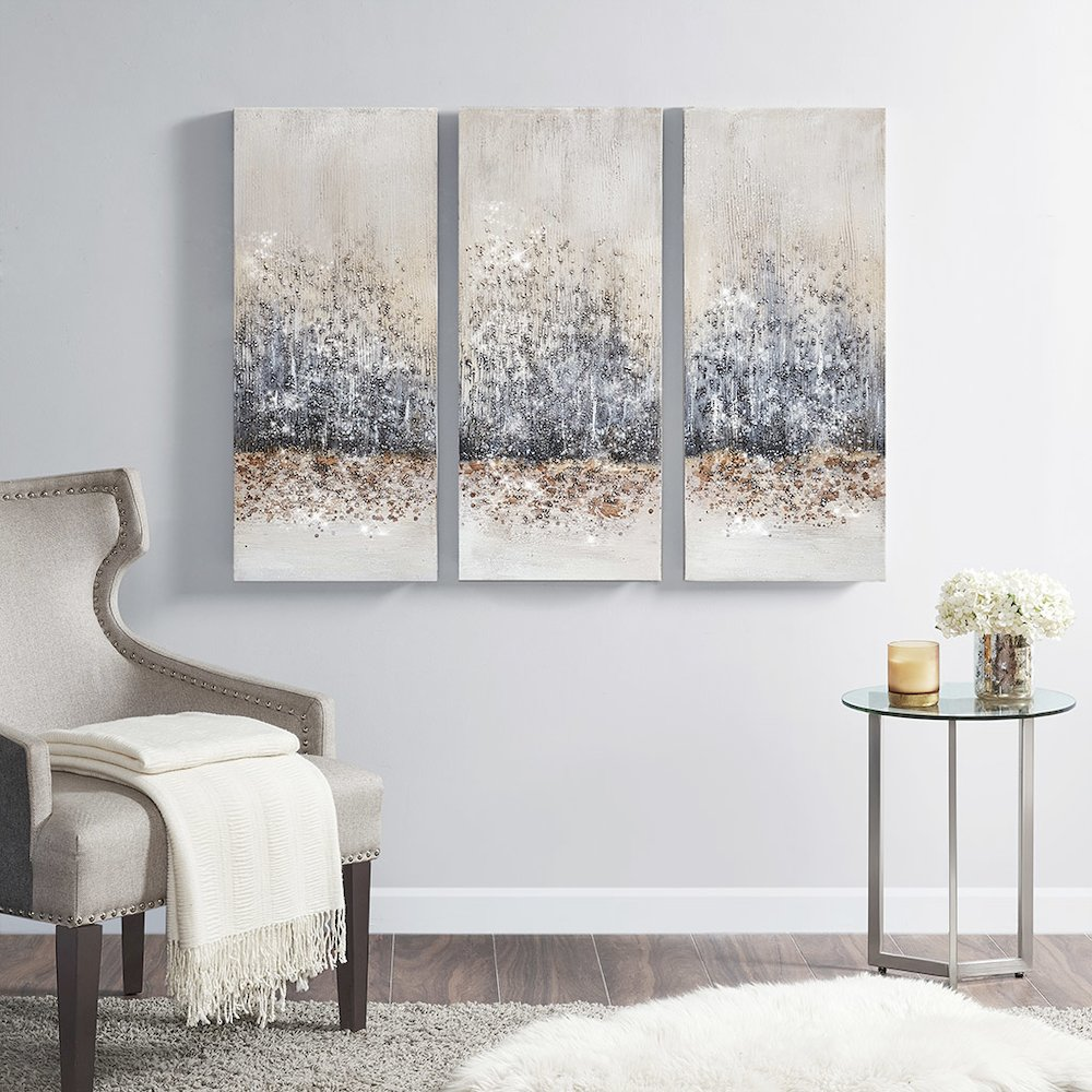 Hand embellished 3-piece canvas wall art set by Start2Finish featuring vibrant, textured designs for modern home décor.