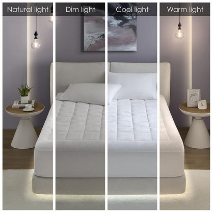 Overfilled hypoallergenic waterproof mattress pad by Start2Finish with plush down alternative filling and soft fabric surface.