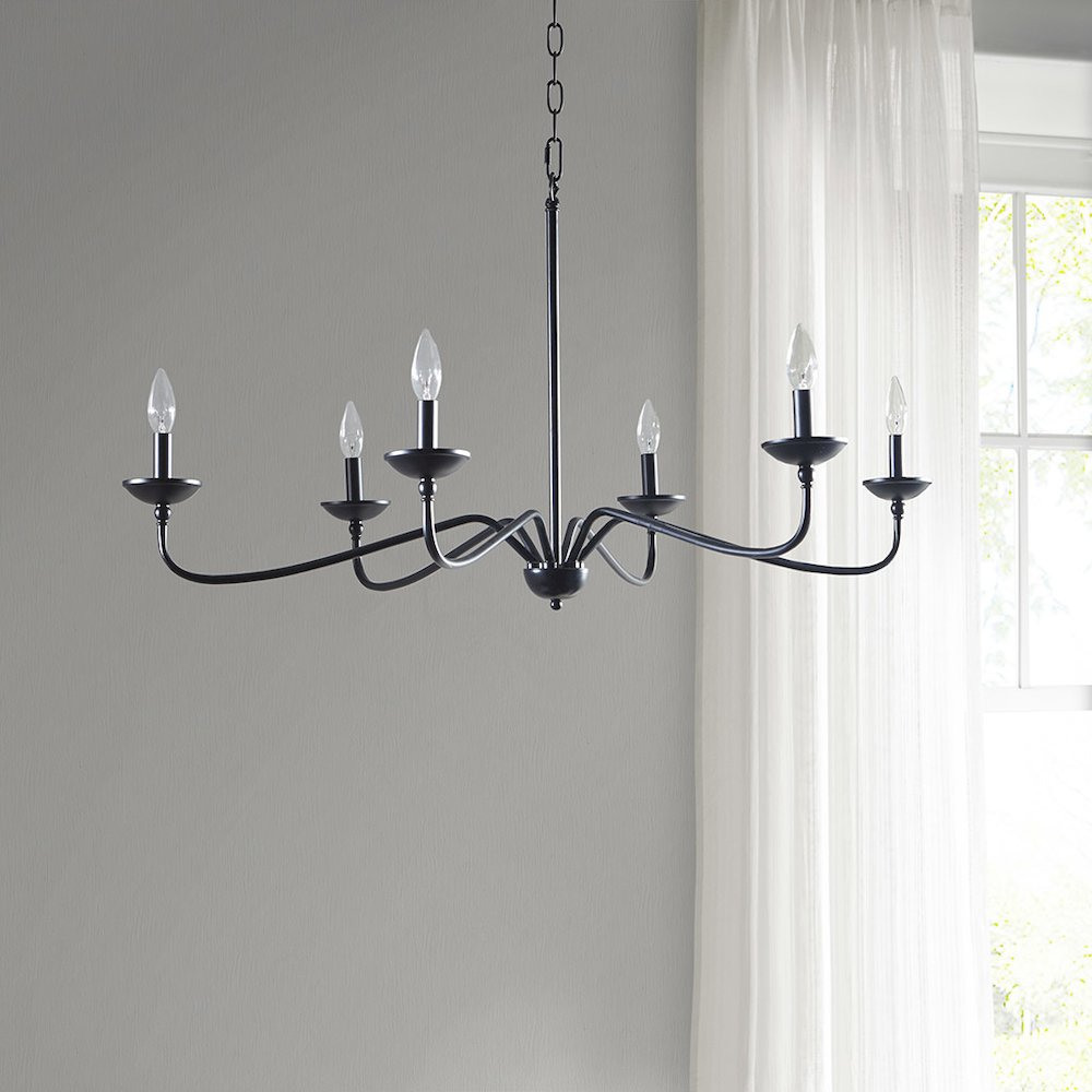 Start2Finish 6-light farmhouse metal chandelier with rustic design and black finish, featuring six exposed bulbs for farmhouse lighting.