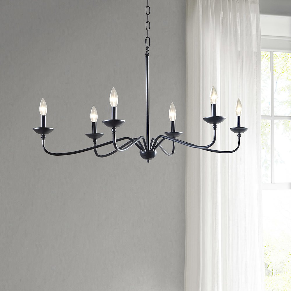 Start2Finish 6-light farmhouse metal chandelier with rustic design, featuring six exposed bulbs and a black finish for farmhouse lighting decor.