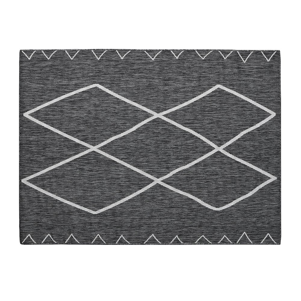 Start2Finish Moroccan indoor/outdoor rug with intricate geometric patterns in vibrant colors on textured fabric.